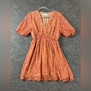 MNG Mango Dress Women Size 4 Pink Chiffon Floral Ruched waist Summer Spring‎